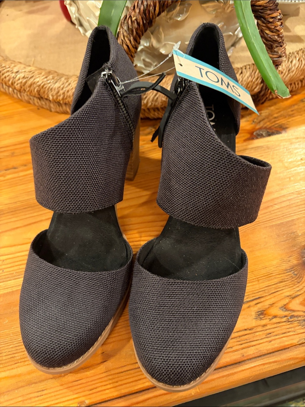 TOMS Black Fabric Ankle-Strap Heels